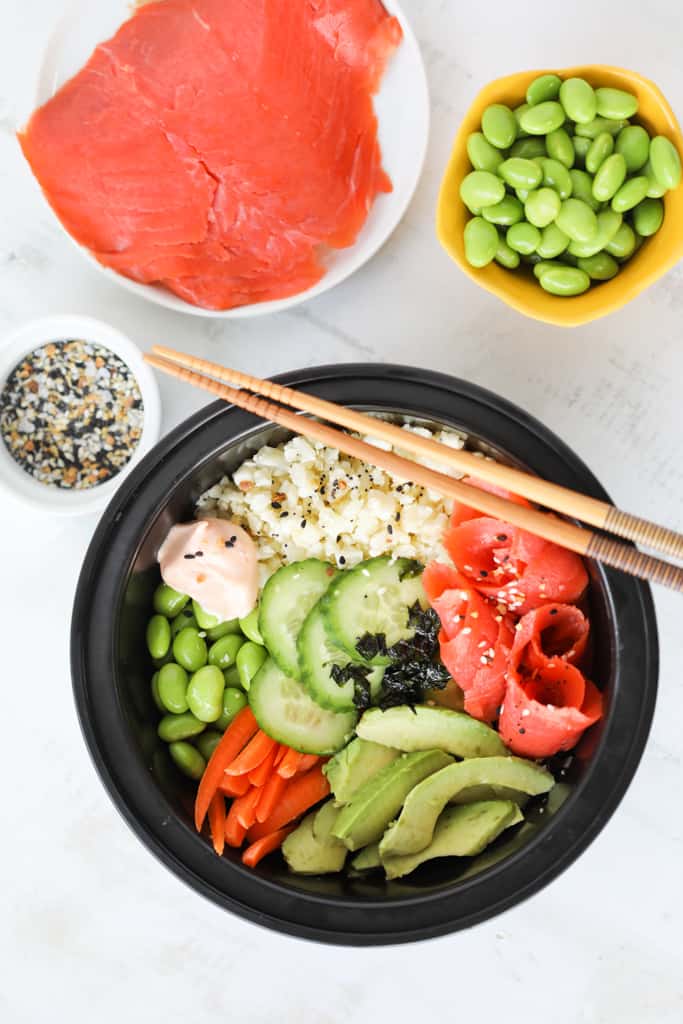 smoked salmon sushi bowl with garnishes ready to eat for meal prep