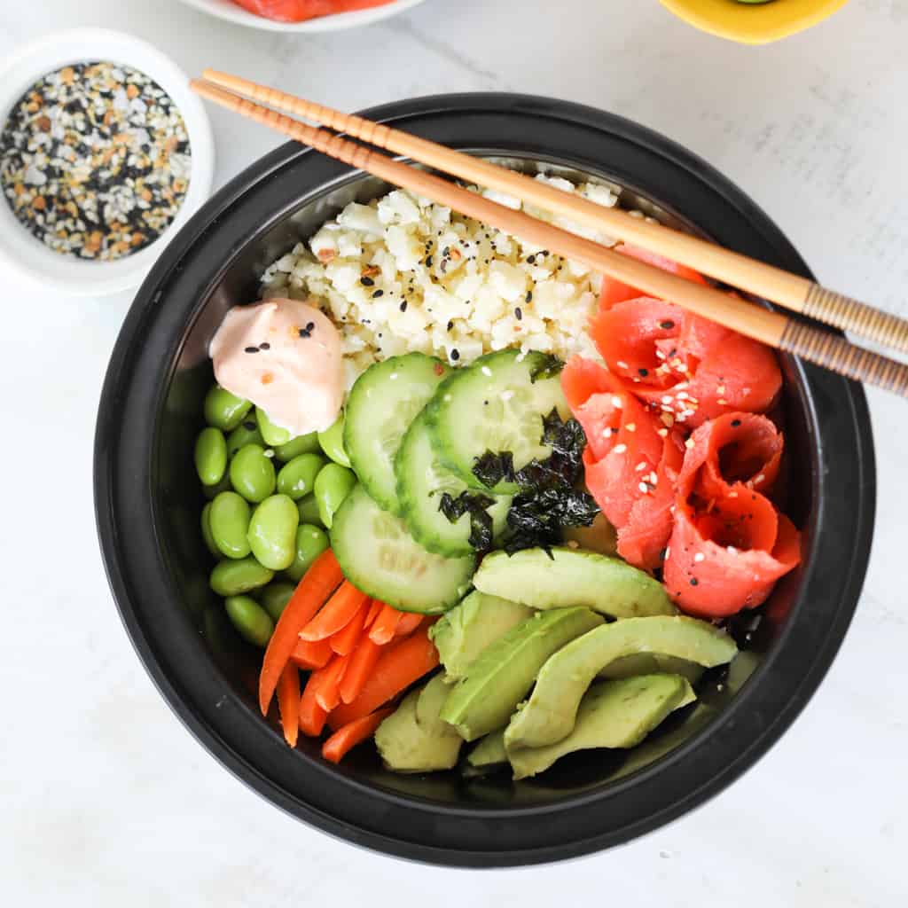 sushi salmon bowl top down view