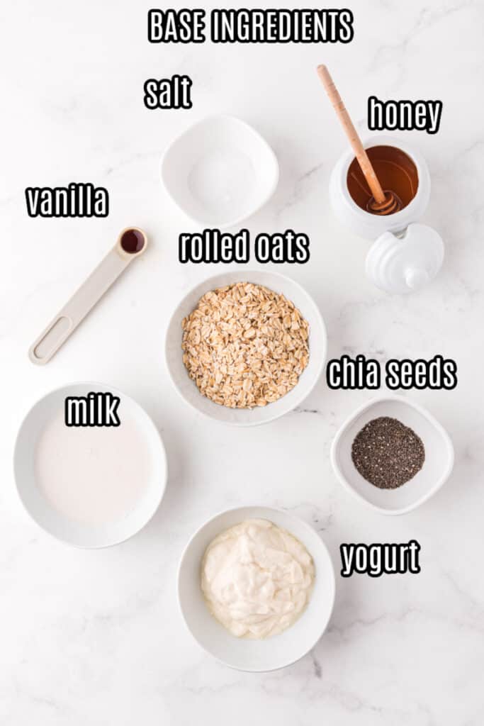 chia oatmeal pudding ingredients on a white background