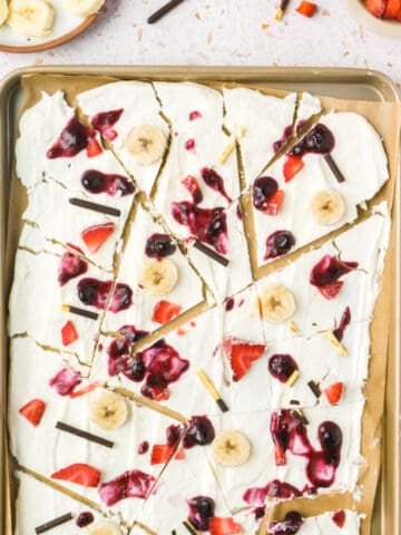 breaking the frozen yogurt bark after it's been frozen i