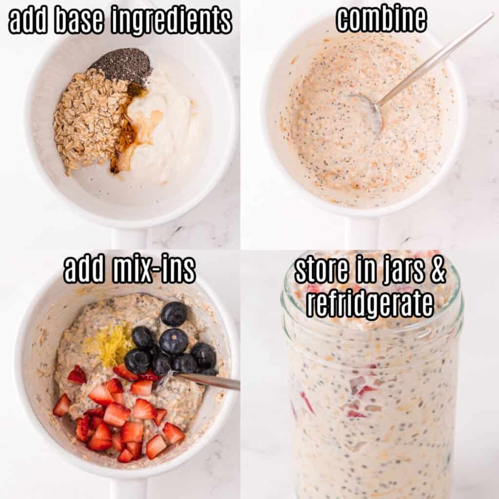 overnight oats with greek yogurt recipe steps collage of photos