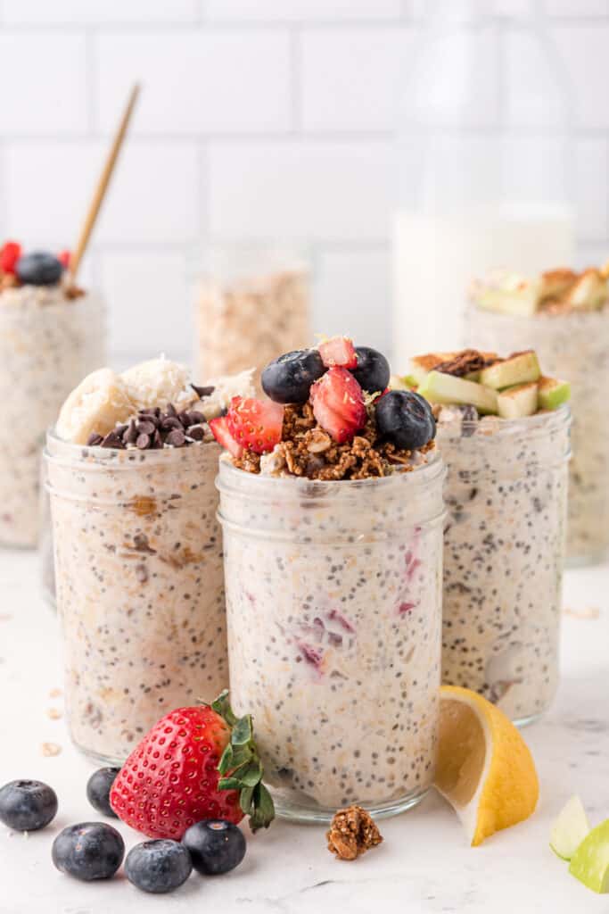 overnight oats with yogurt and chia seeds in mason jars