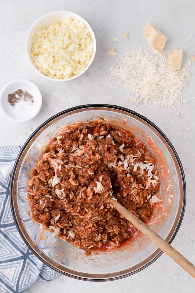 combine the tomato cheese and ground meats together in a large bowl