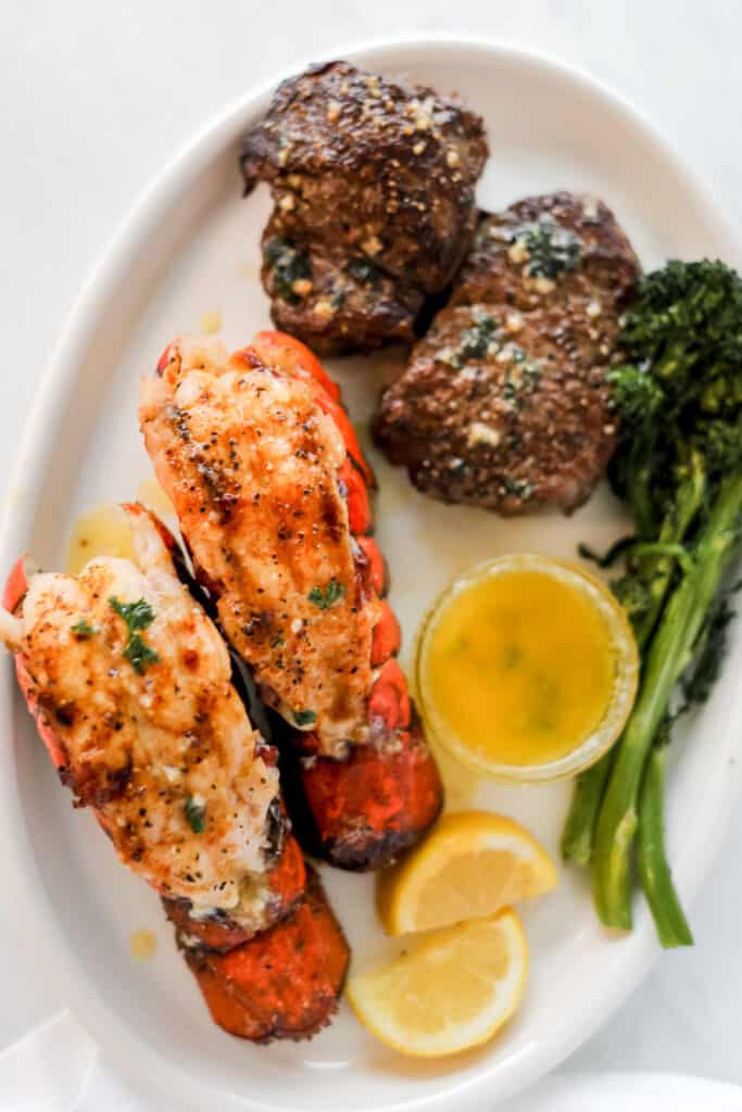 surf and turf o na plate with broccoli