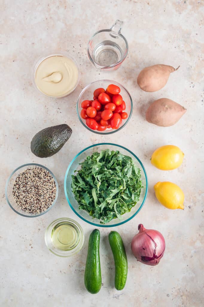 Mediterranean buddah bowl ingredients.
