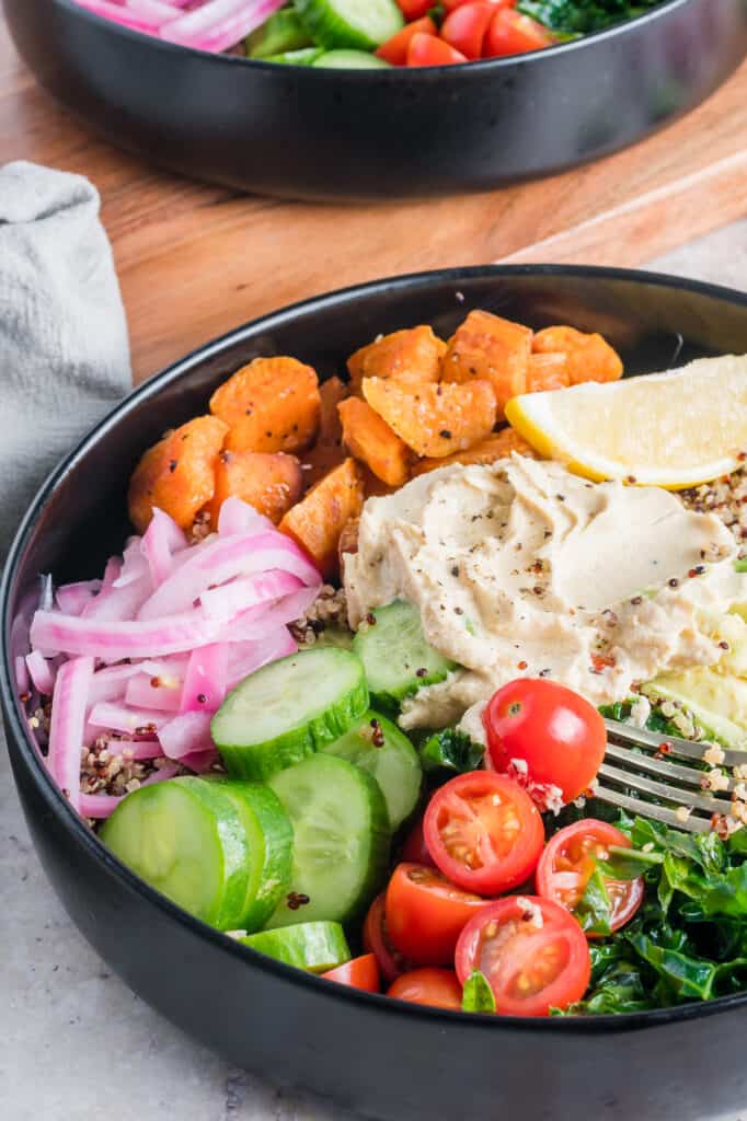 freshly made mediterranean bowl ready to serve.