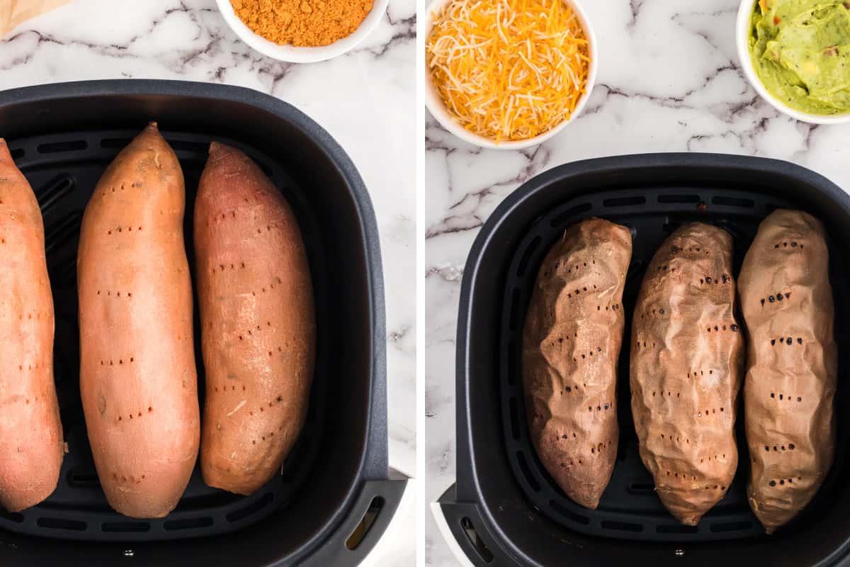 Whole sweet potatoes in the air fryer basket before and after they've been cooked.