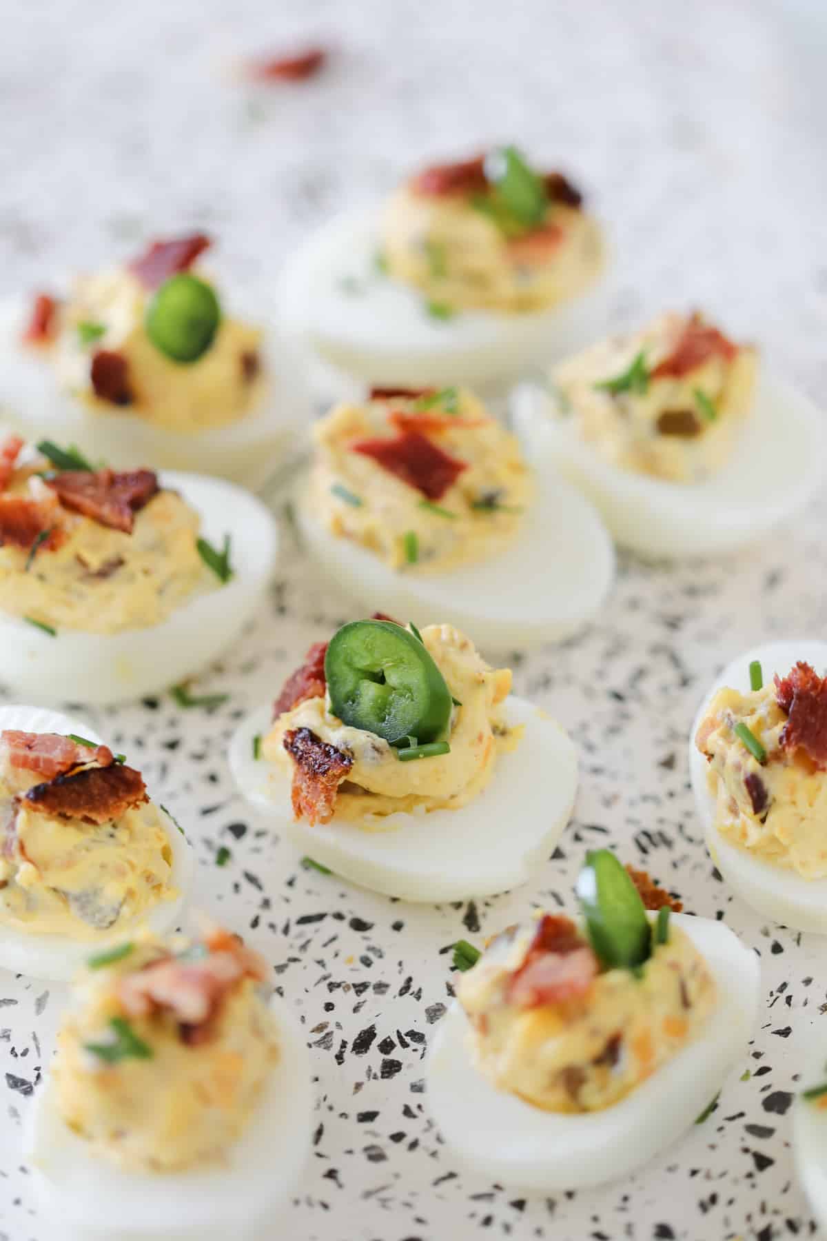 Bacon jalapeno deviled eggs ready to be served.