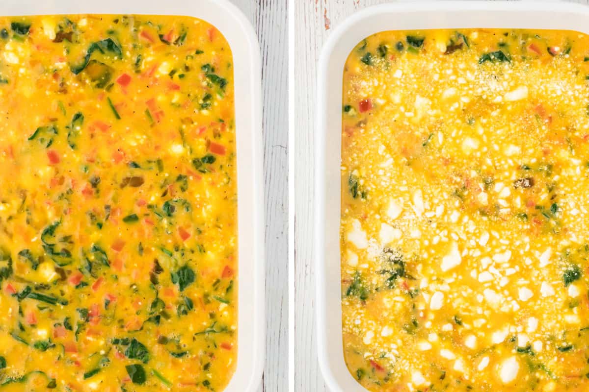 Adding the egg mixture to the large casserole dish.