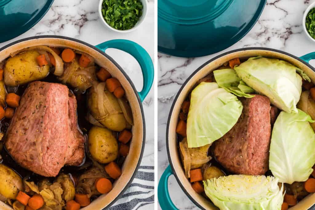 cooked corned beef in a pot with the vegetables next to a photo of the pot with added cabbage chunks.