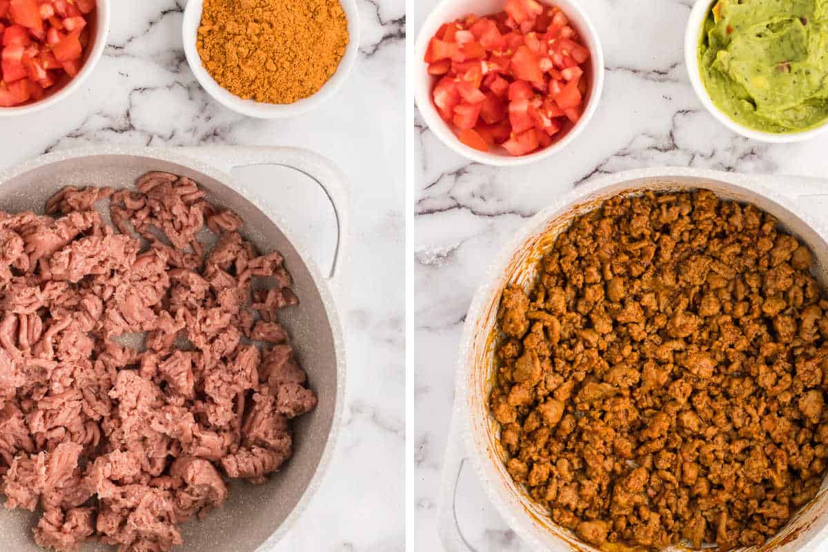Ground turkey taco meat before and after being seasoned.
