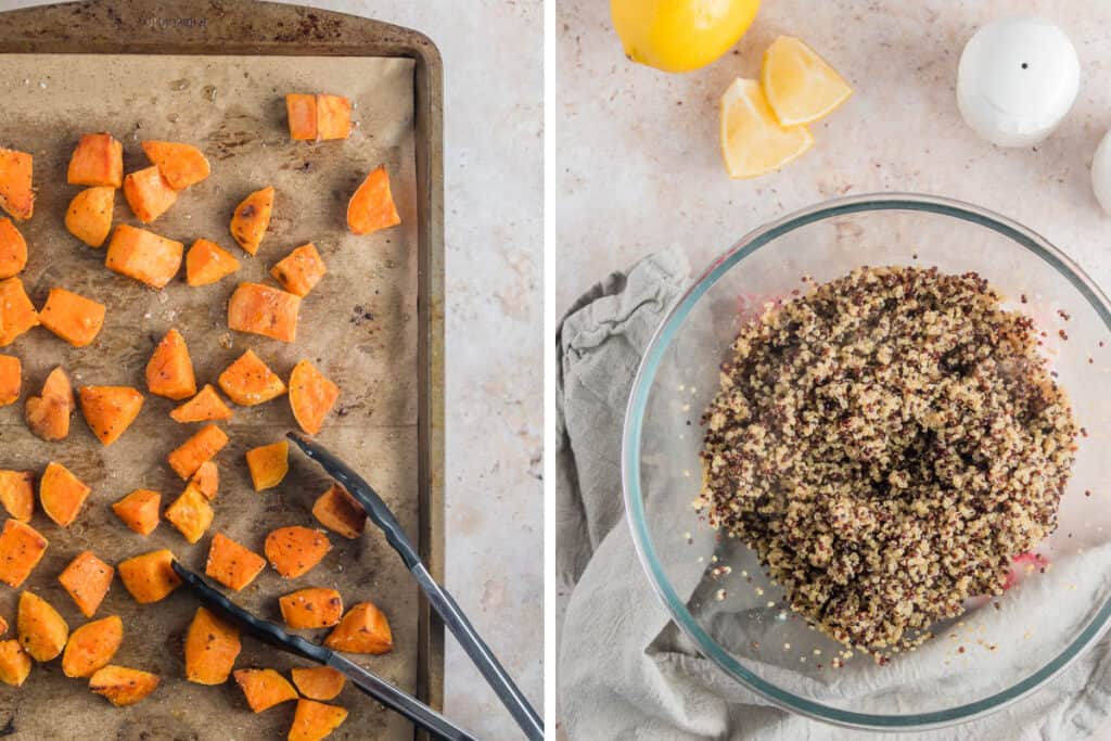 cooked sweet potatoes and quinoa for the mediterranean bowl.