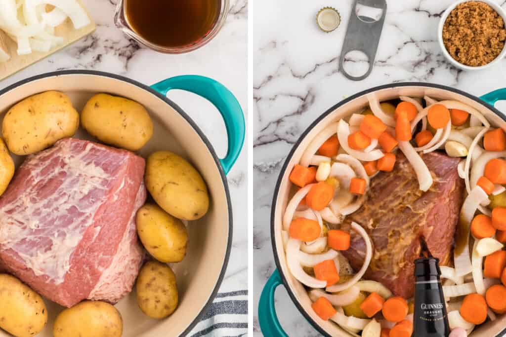 beef brisket and potatoes in a dutch oven, next to a photo with added veggies on top.