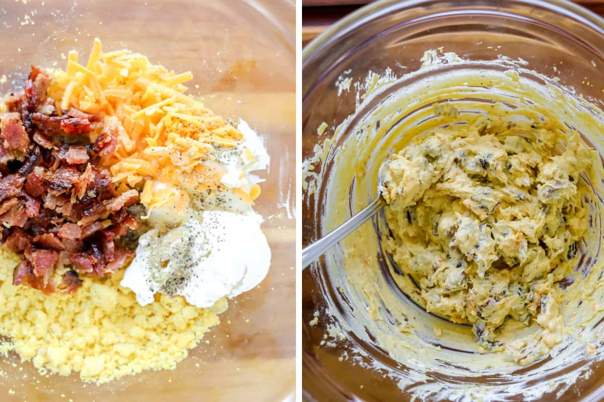 Deviled eggs with bacon and jalapeno being mixed together in a bowl.