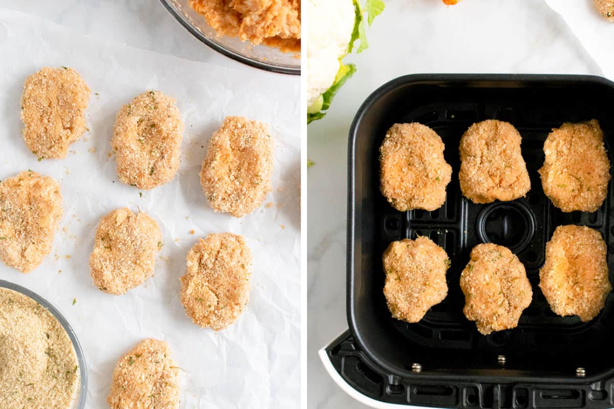 freshly breaded chicken nuggets before being put into the air fryer.