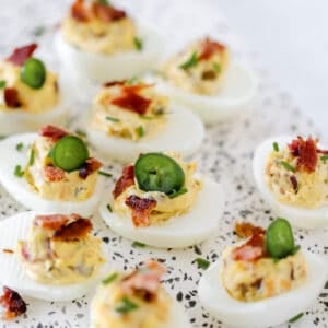 Bacon jalapeno deviled eggs ready to be served.