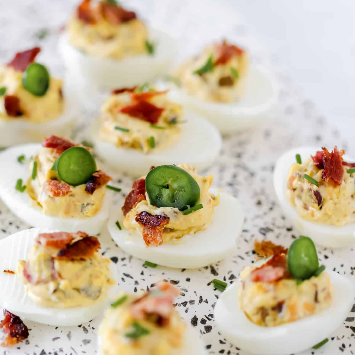 Bacon jalapeno deviled eggs ready to be served.