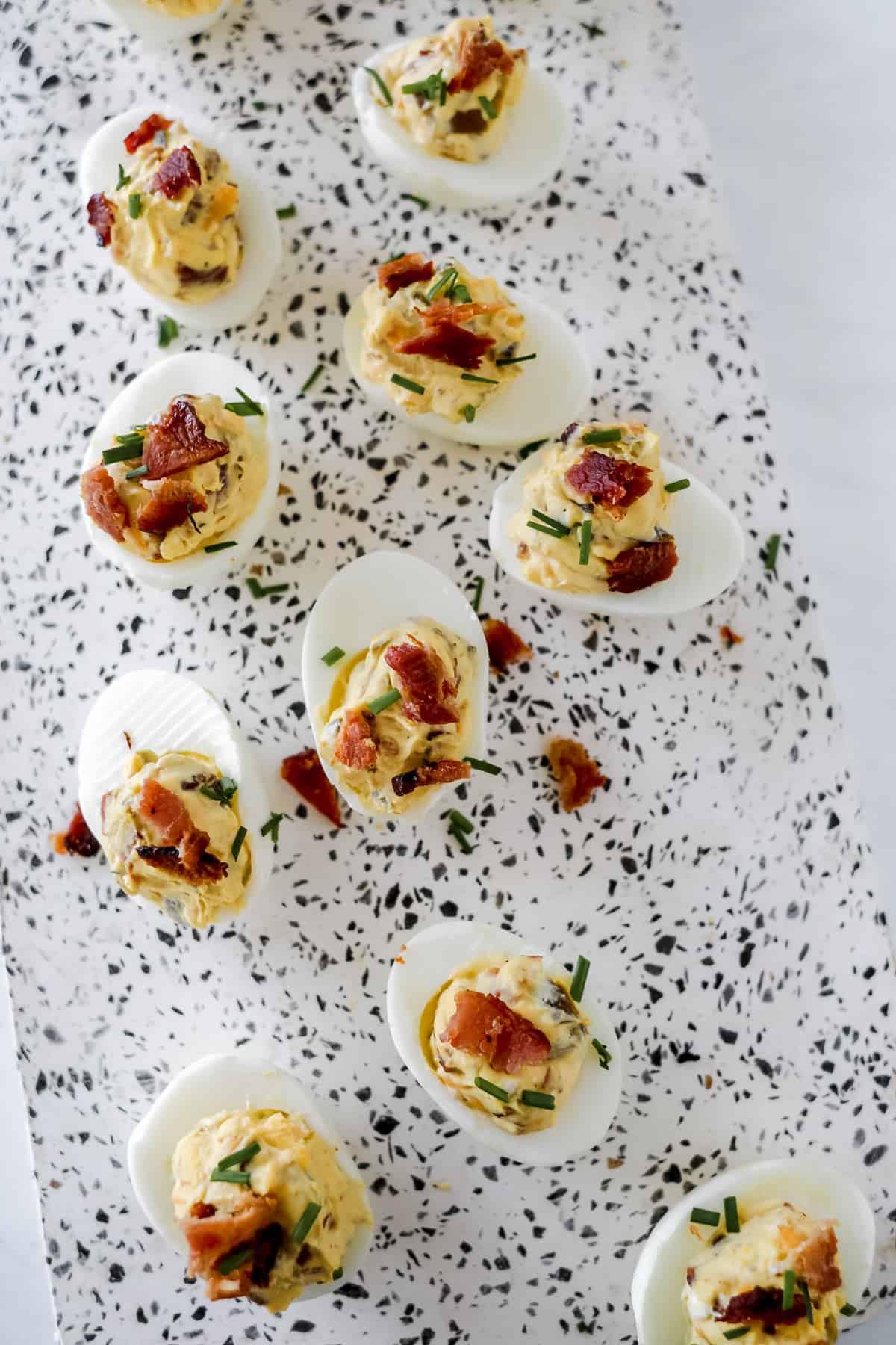 Bacon jalapeno deviled eggs ready to be served.
