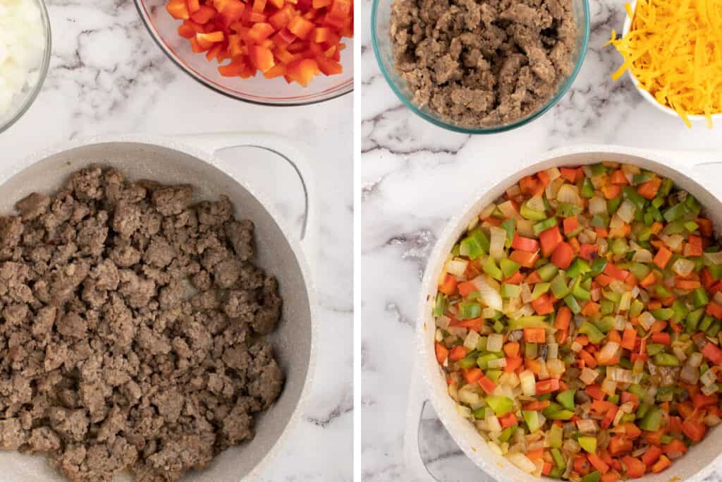 Browning of sausage and cooking the veggies in a pan.