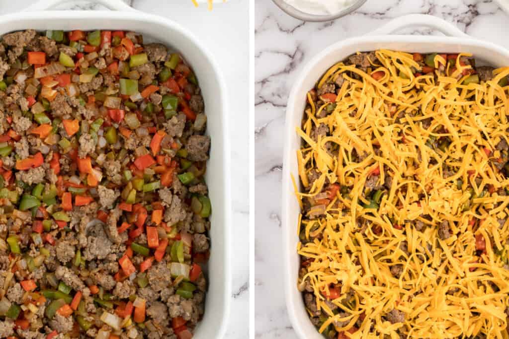Assembling the keto sausage and egg casserole.