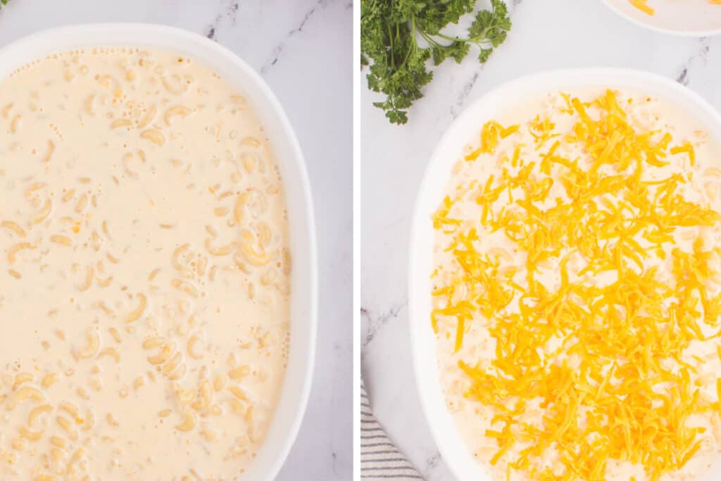 adding the cream and cheese to the mac and cheese in the oven