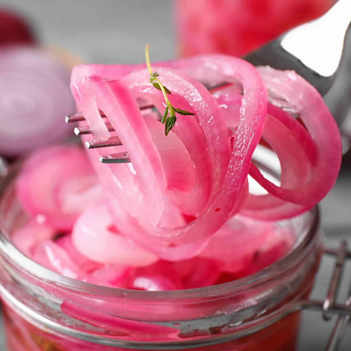 Pickled red onions being pulled from the jar with a fork.