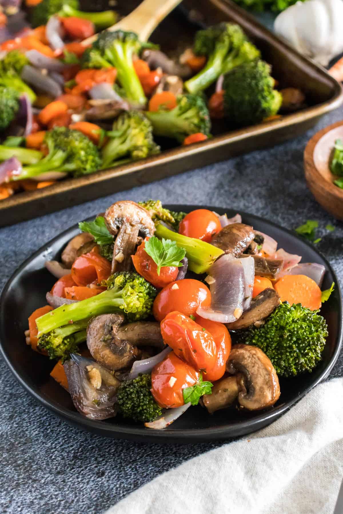 A bowl of roasted vegetables.