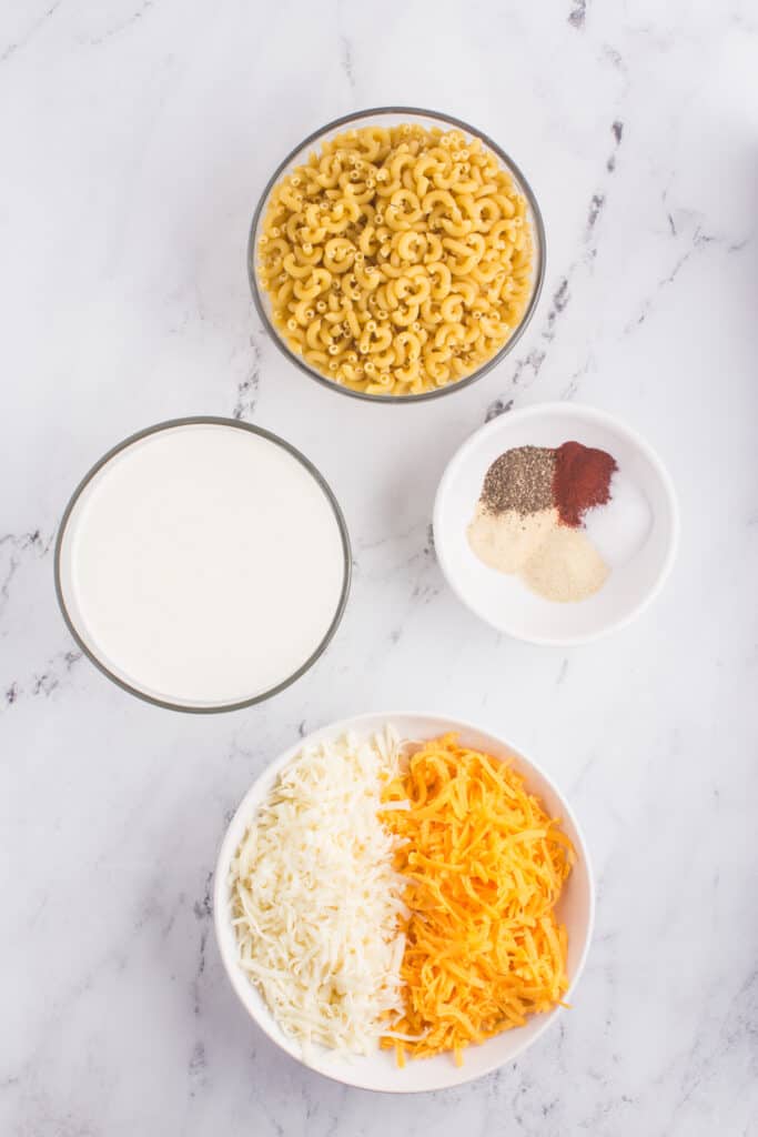 ingredients and recipe for creamy macaroni and cheese