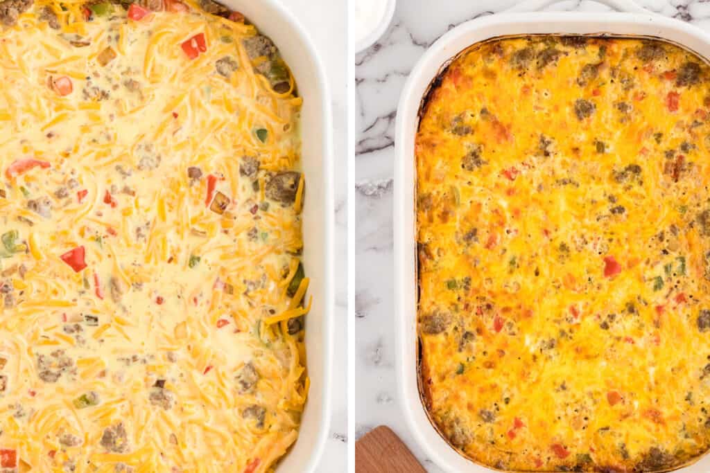 before and after the ketp breakfast casserole was baked.