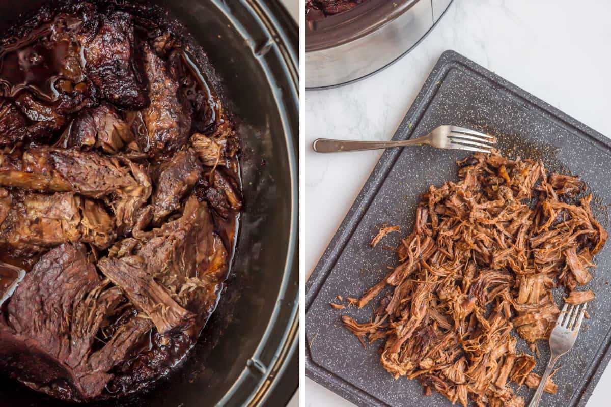 Cooked and shredded beef barbacoa.