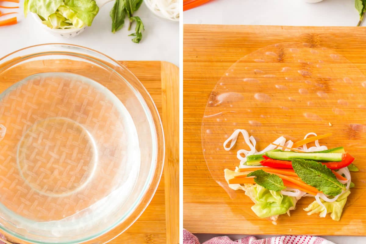 Steps for soaking and preparing your spring roll wrapper.