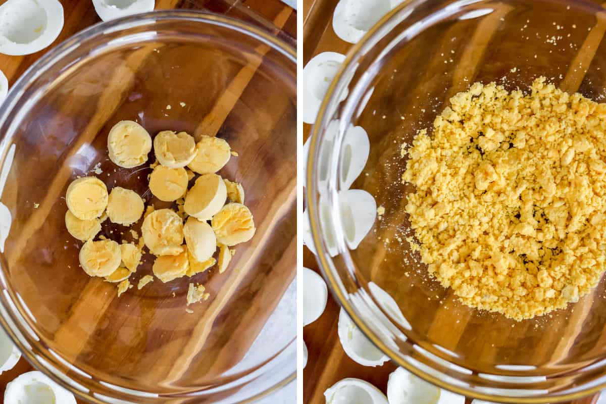 Egg yolks being smashed together in a bowl.