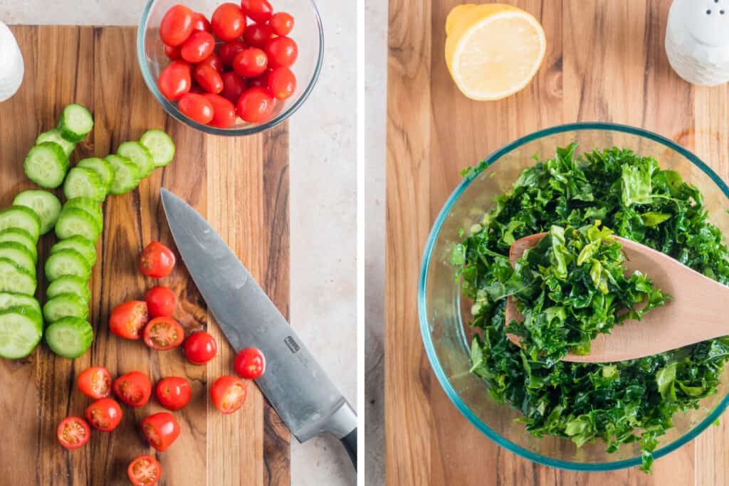 vegetable prep for the mediterranean bowl.