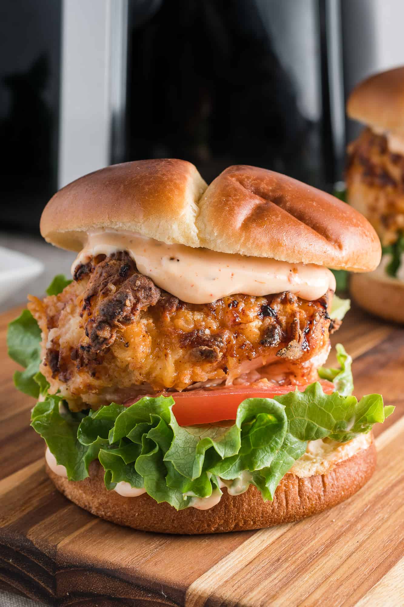 Prepared air fryer chicken sandwich ready to be served.