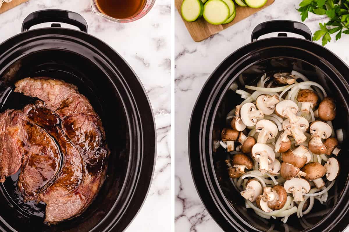Beef and veggies being added to the crock pot.