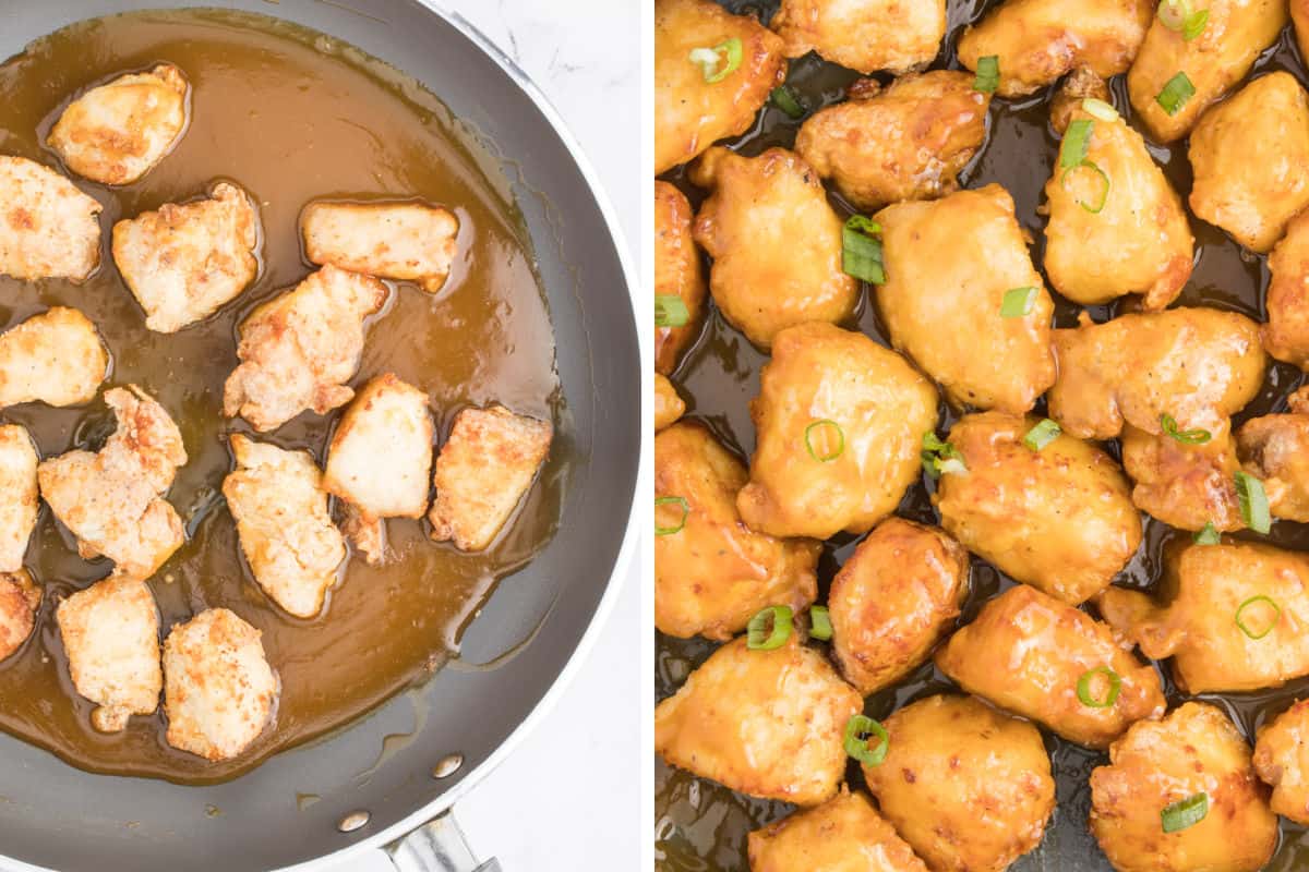 Adding crispy chicken to the sauce.