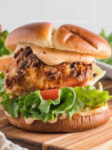 Prepared air fryer chicken sandwich ready to be served.