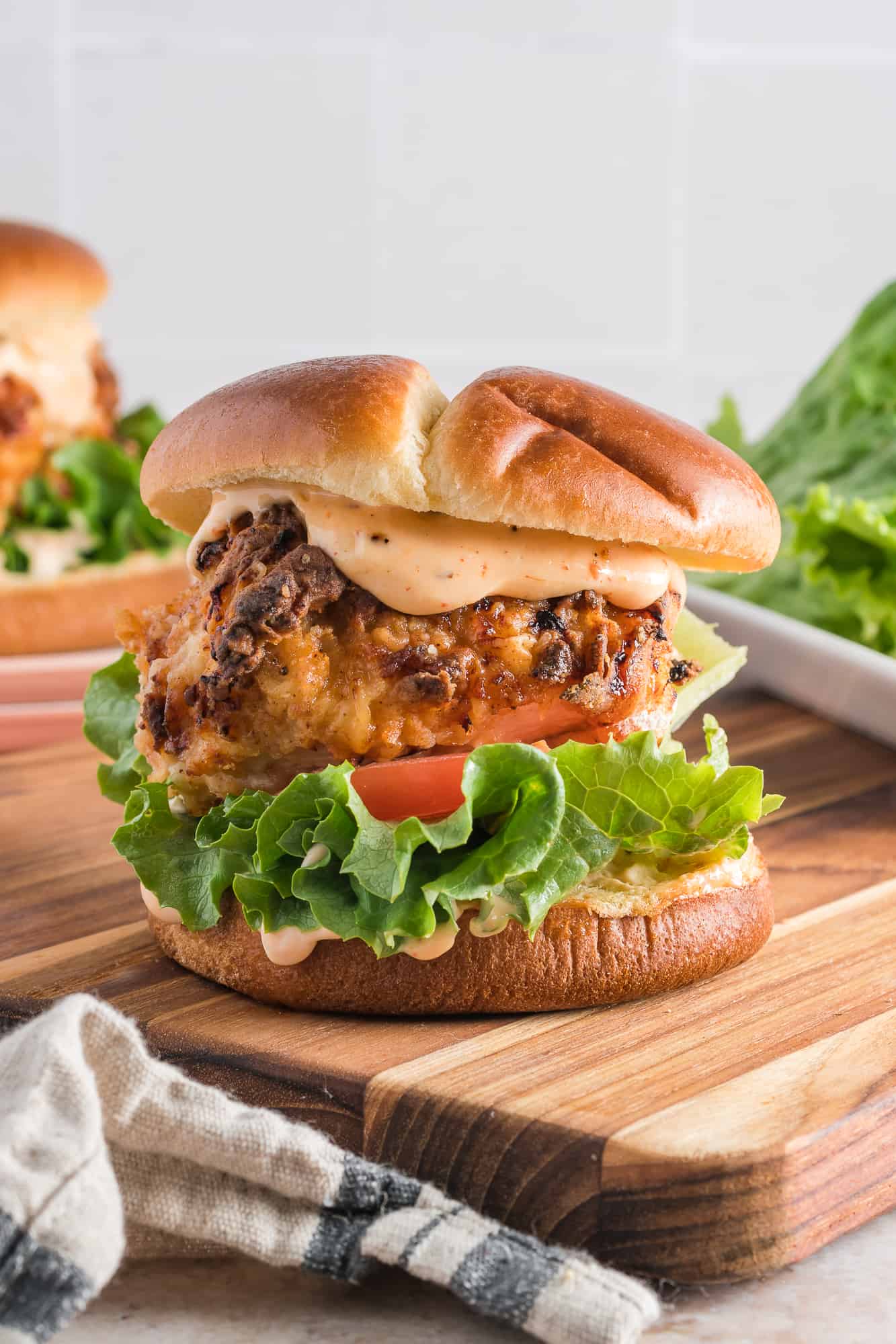 Prepared air fryer chicken sandwich ready to be served.