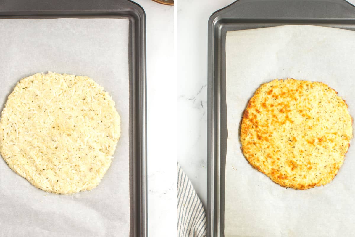 Baked cauliflower crust on a baking sheet.