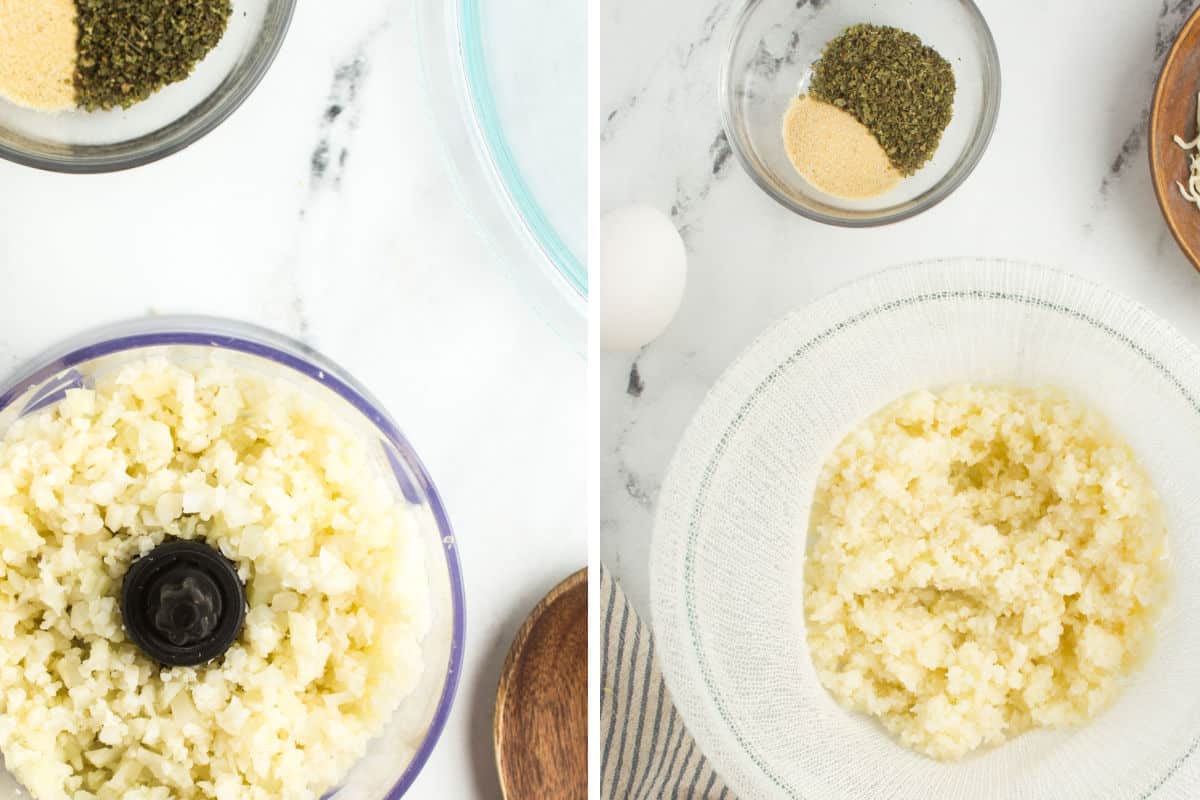 Preparing the cauliflower rice in the food processor.
