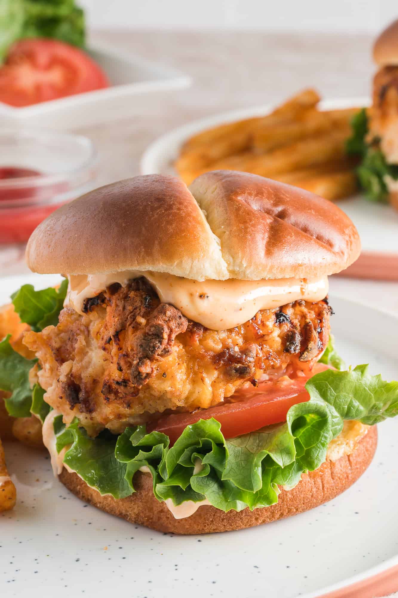 Prepared air fryer chicken sandwich ready to be served.