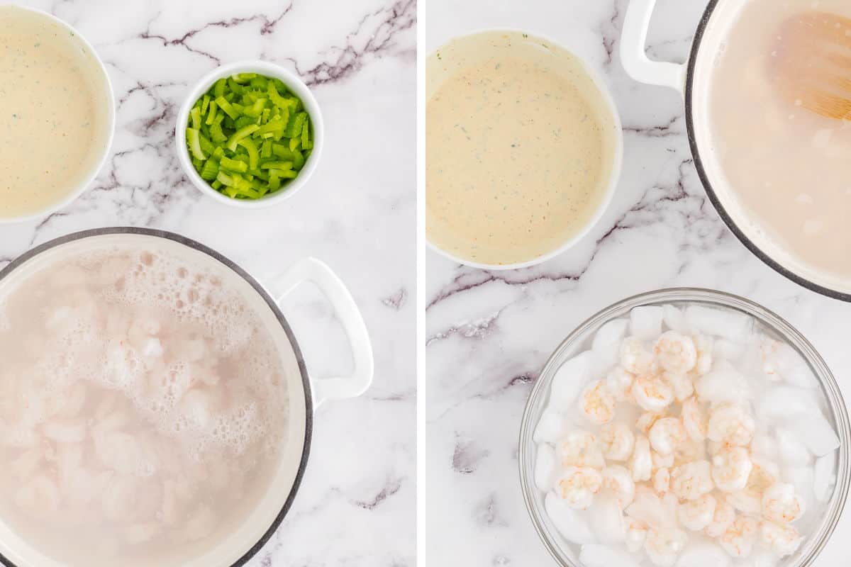 prepping the cold shrimp salad dressing.