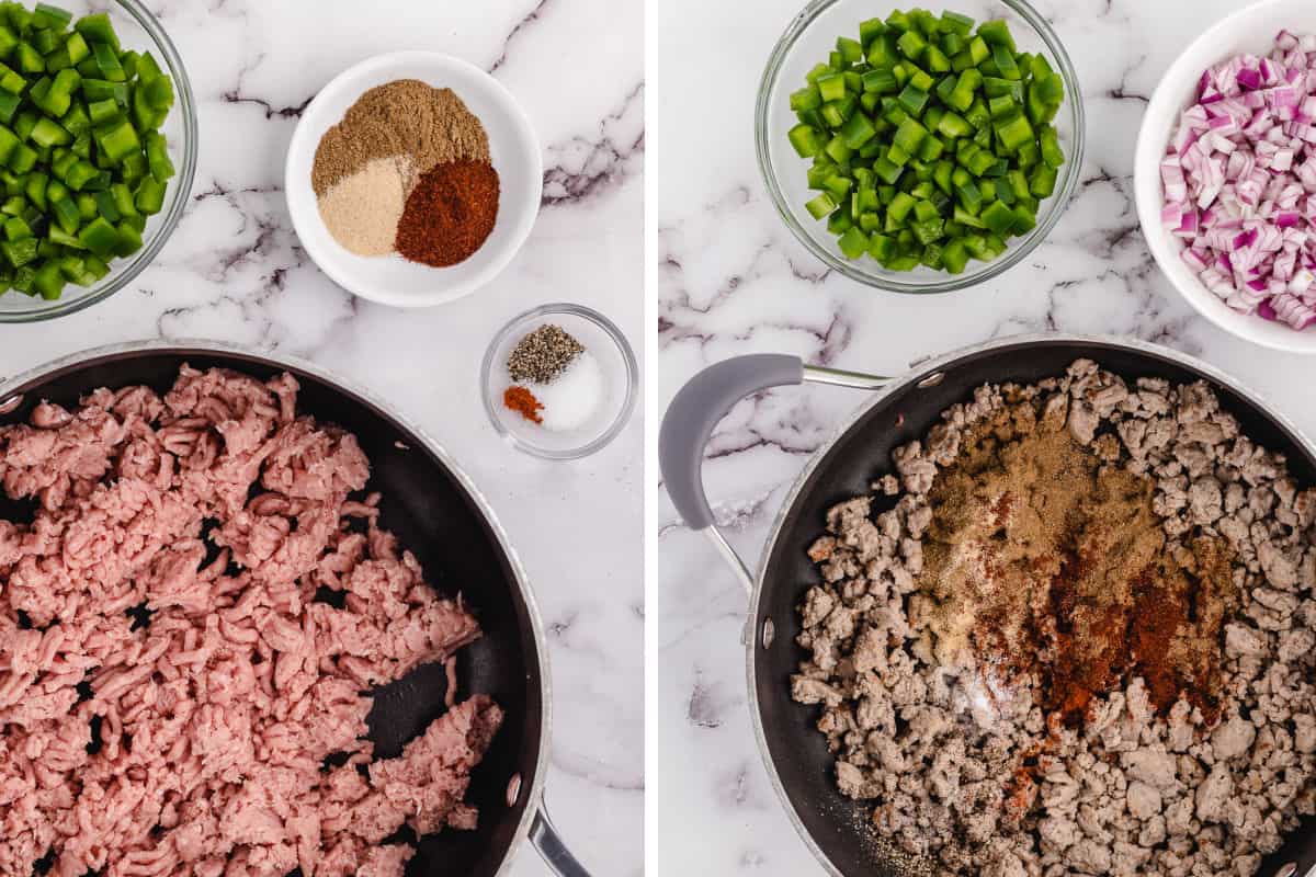 Ground turkey cooking in the skillet.