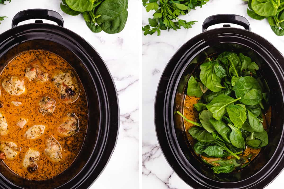 Tuscan chicken in the crock pot with the spinach being added.