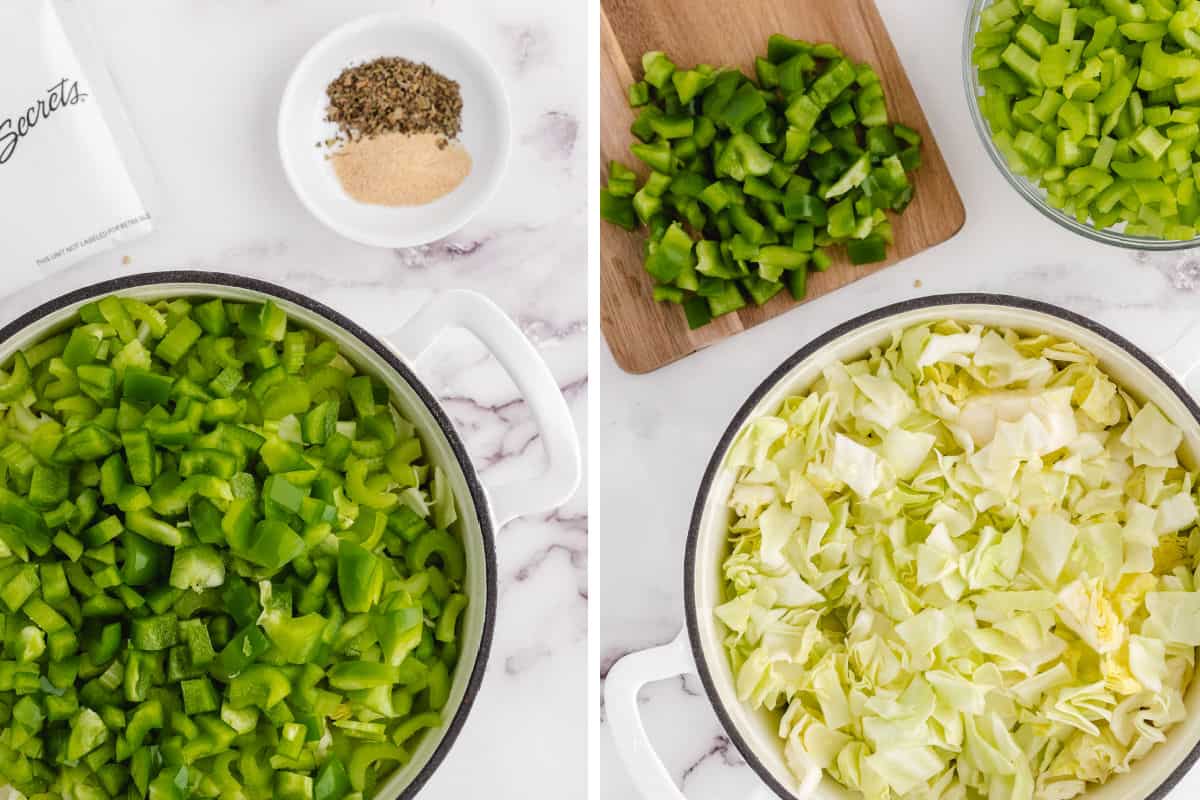 Preparation of cabbage soup ingredients.