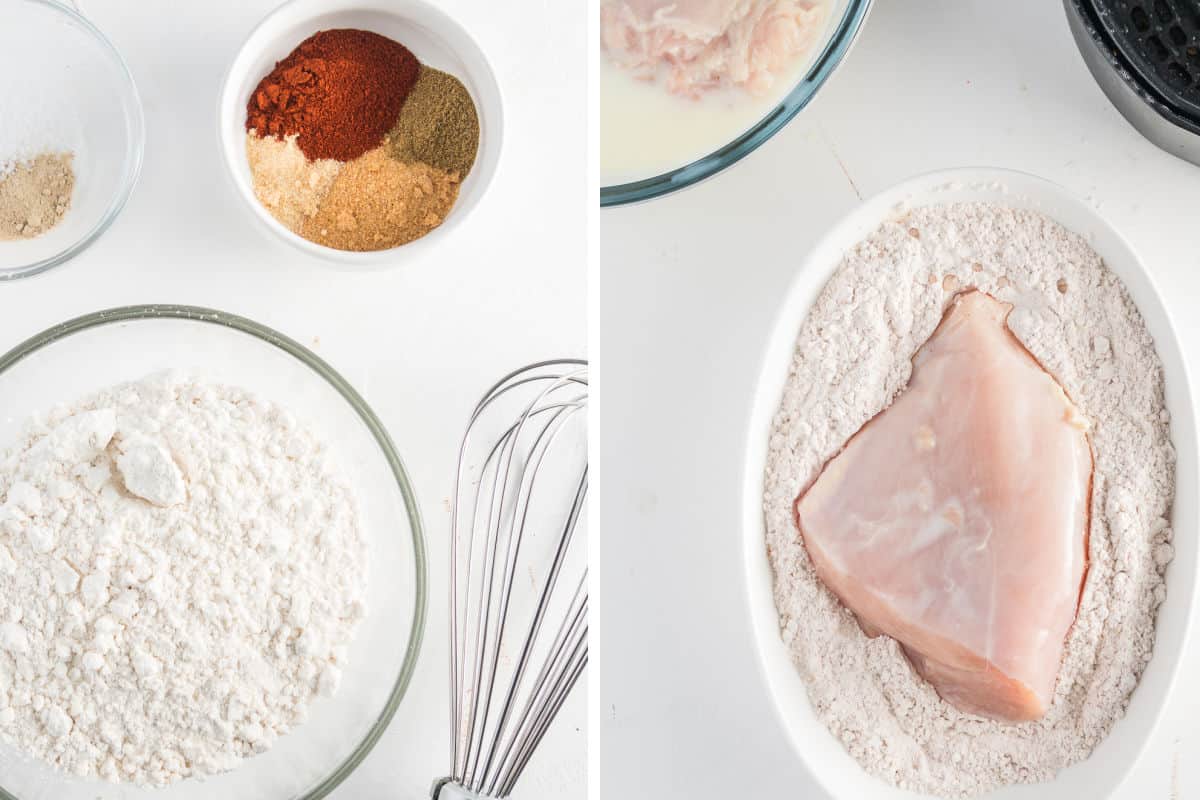 Flour mixture and dredging raw chicken in flour.