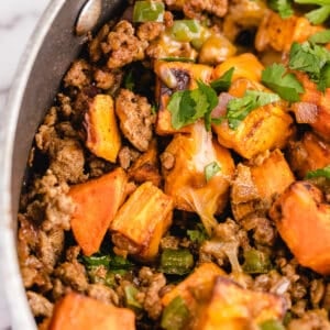 Close up of ground turkey sweet potato skillet.