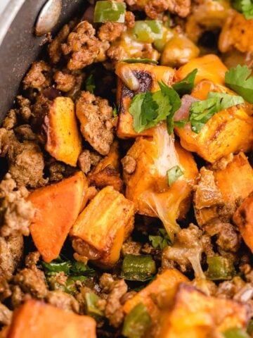 Close up of ground turkey sweet potato skillet.
