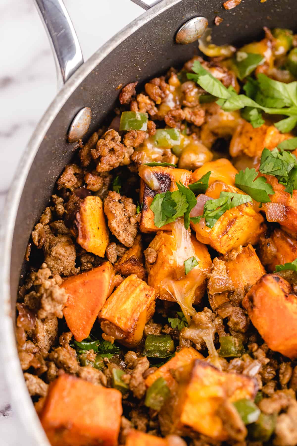 Close up of ground turkey sweet potato skillet.
