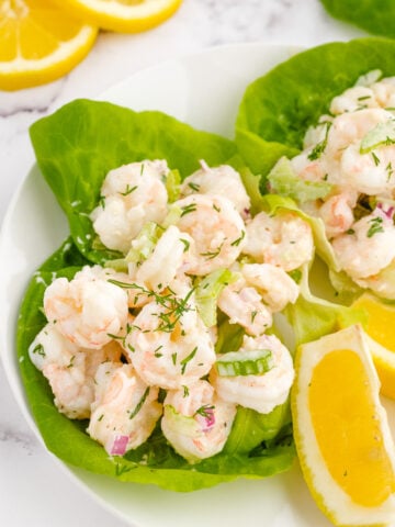 healthy shrimp salad in lettuce cups.